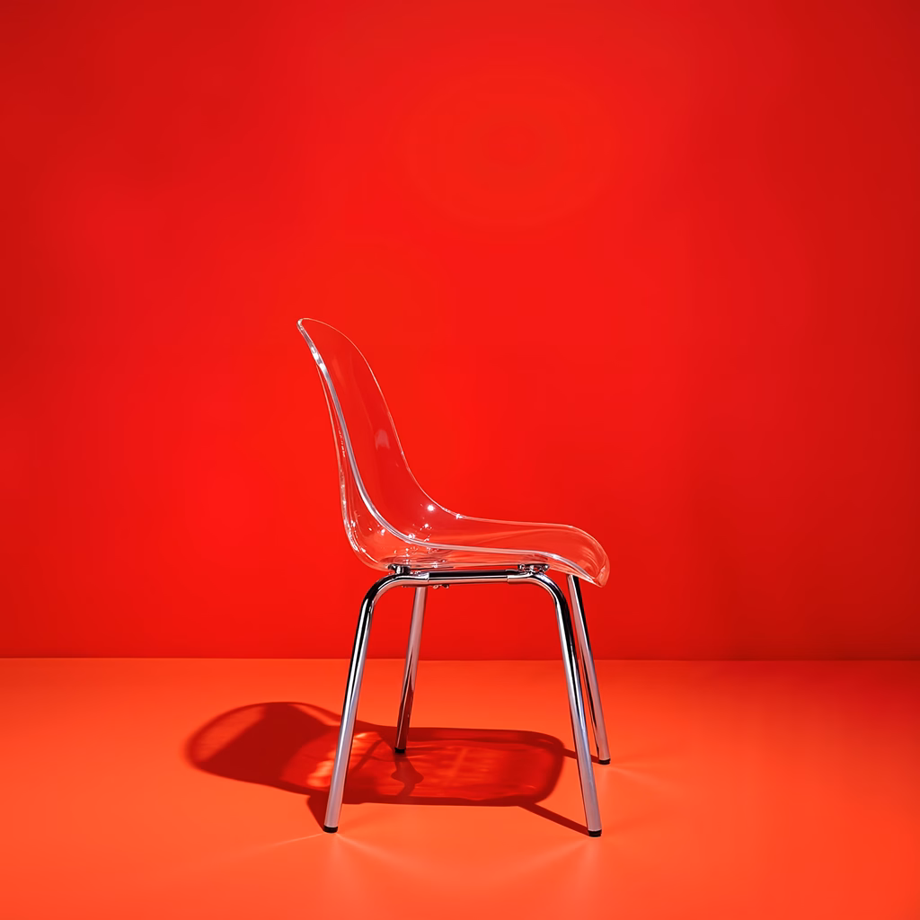 Minimalist transparent chair on bold red background, emphasizing modern design and contrast.