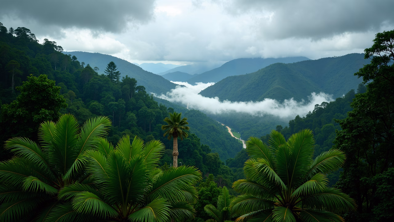 A serene tropical landscape with palm trees and a misty river.