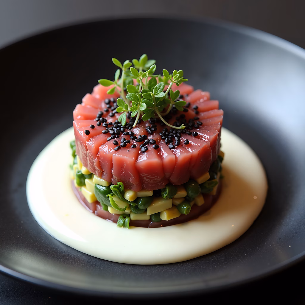 Elegant tuna tartare with vibrant garnishes and a subtle sauce drizzle.