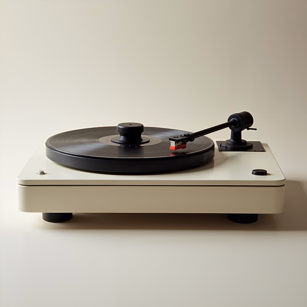 Sleek turntable with vinyl record spinning, minimalist design, neutral tones