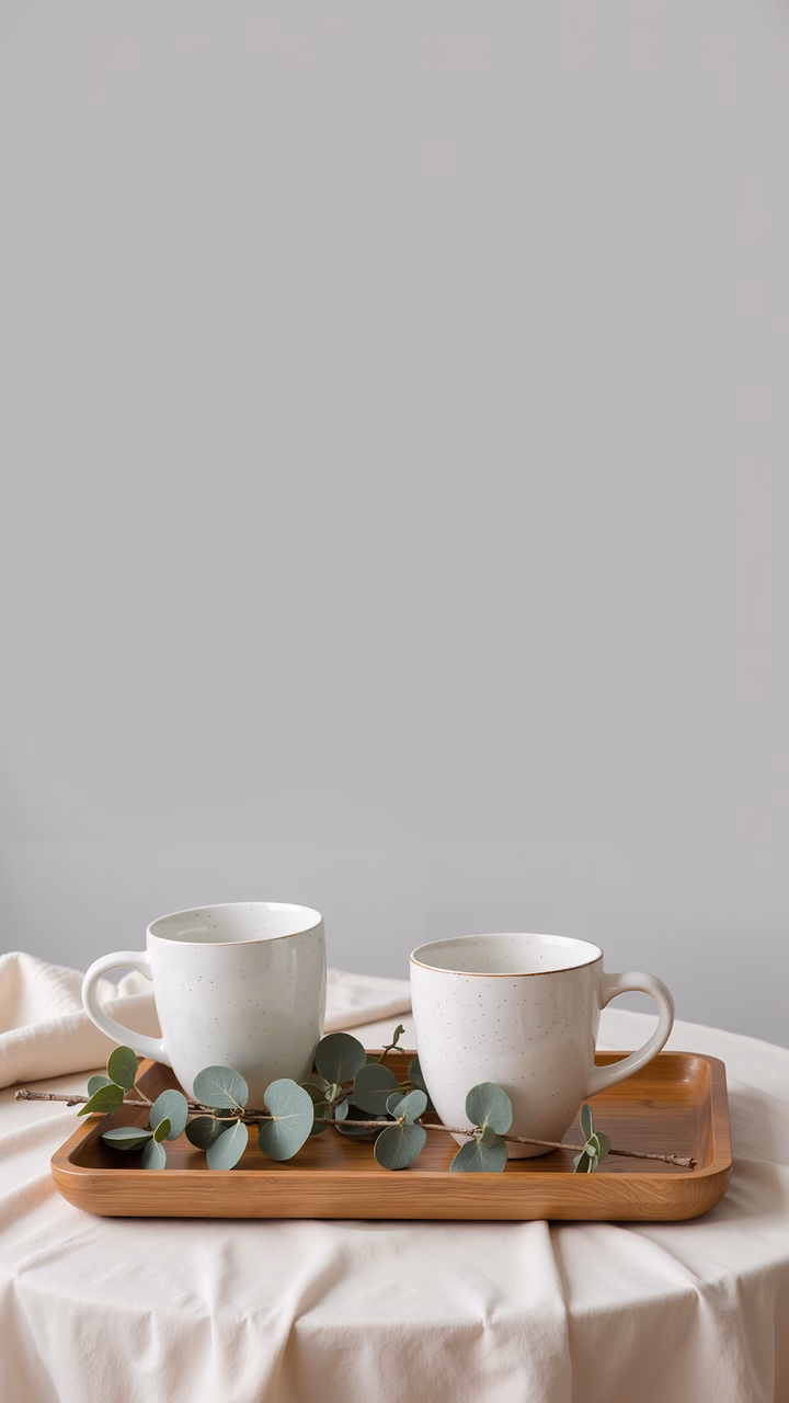 Minimalist still life with two ceramic mugs and eucalyptus leaves on a wooden tray.