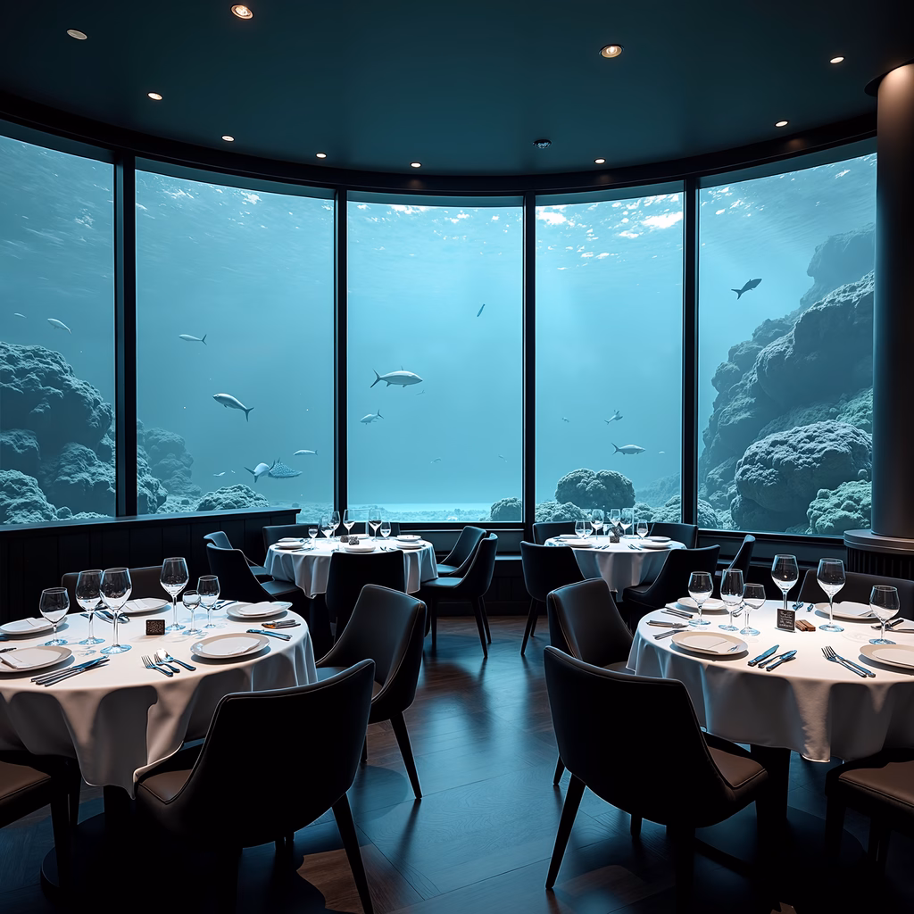 Elegant underwater dining experience with marine life views and modern design.