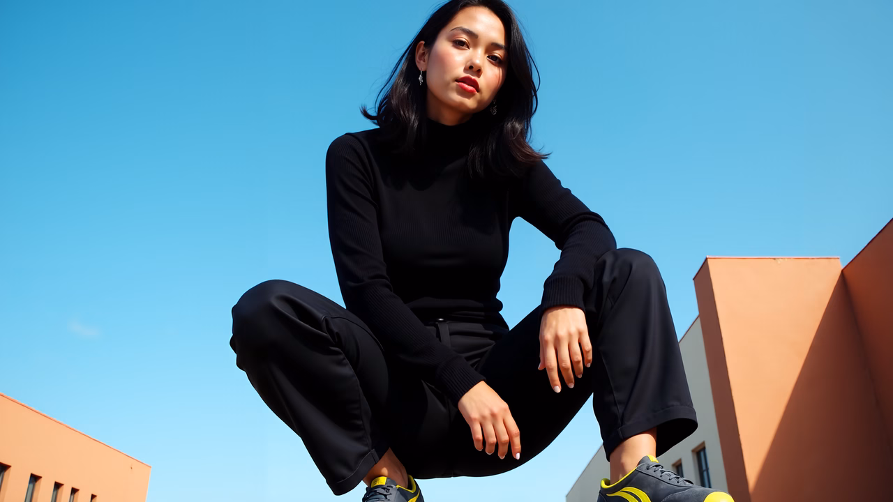Bold fashion photography featuring a crouching woman against modern architecture under a clear blue sky.