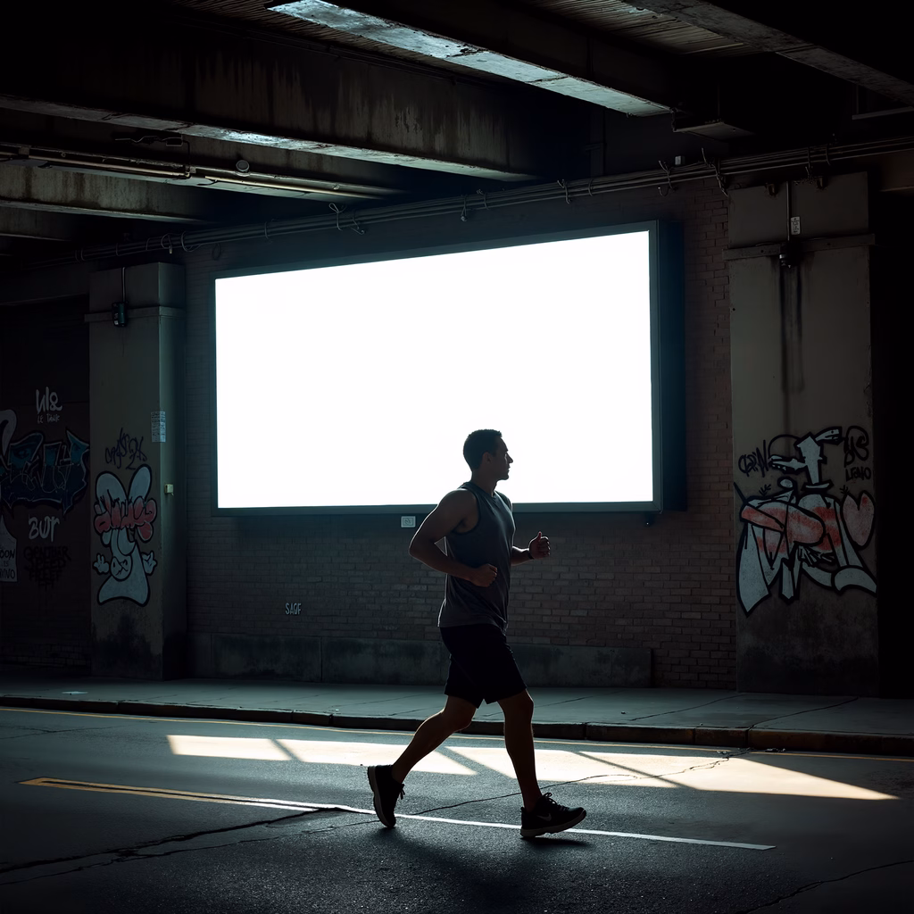 Silhouette of a runner against a bright billboard in an urban garage setting.