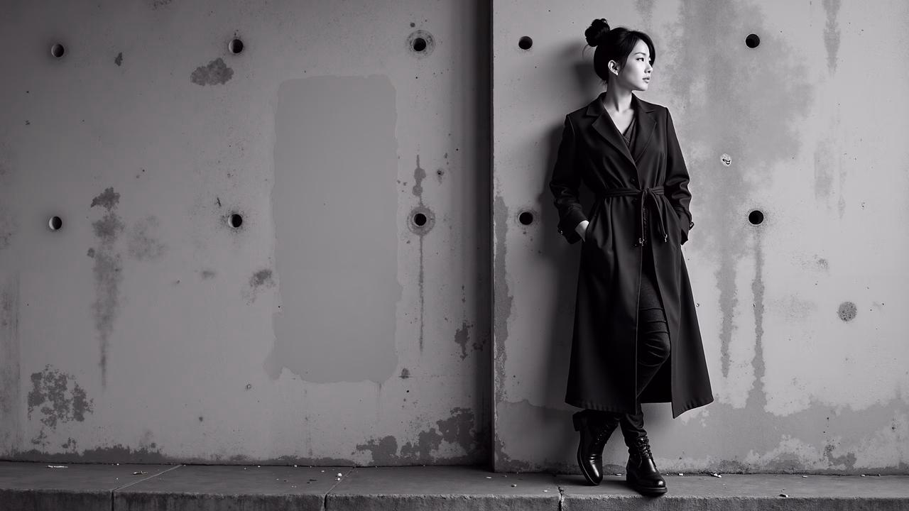 Black-and-white fashion portrait of a solitary figure against an urban backdrop.