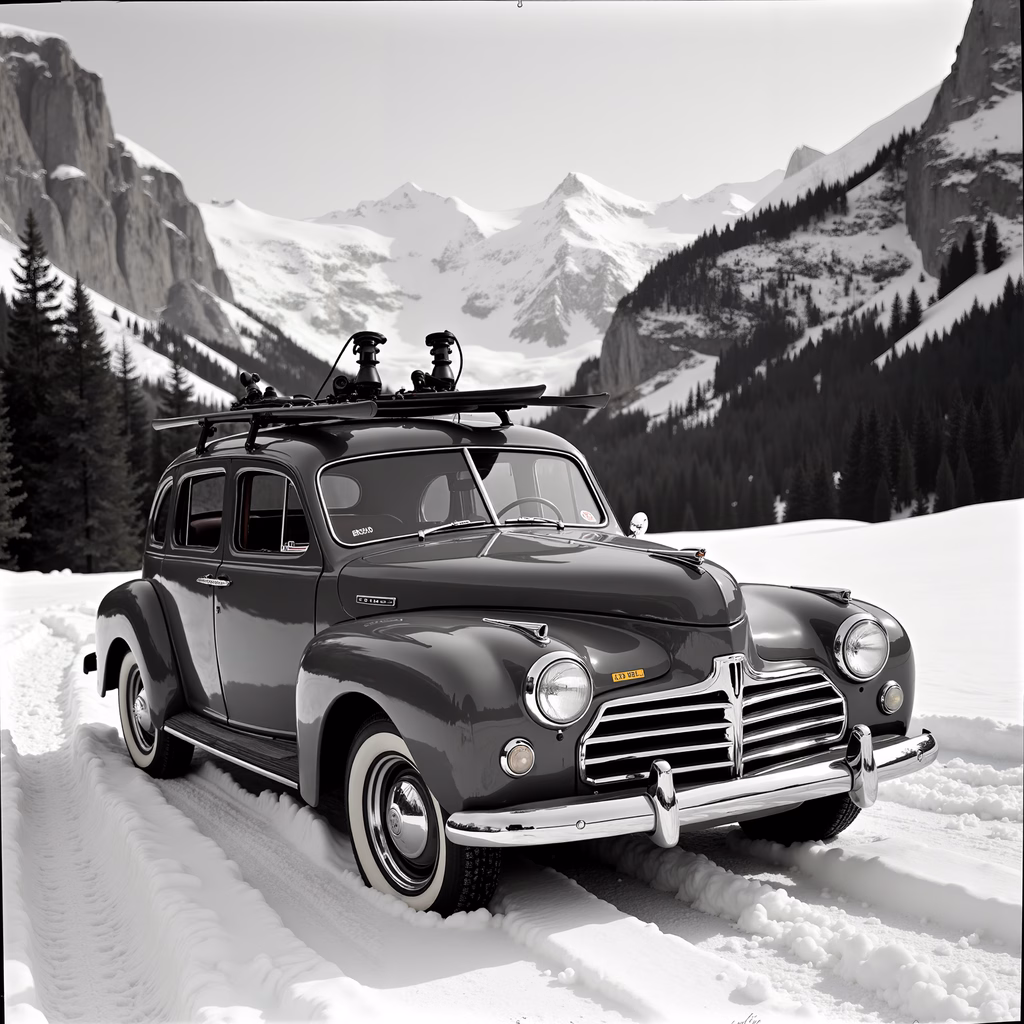 Classic car parked in a snowy mountain setting, perfect for winter adventures.