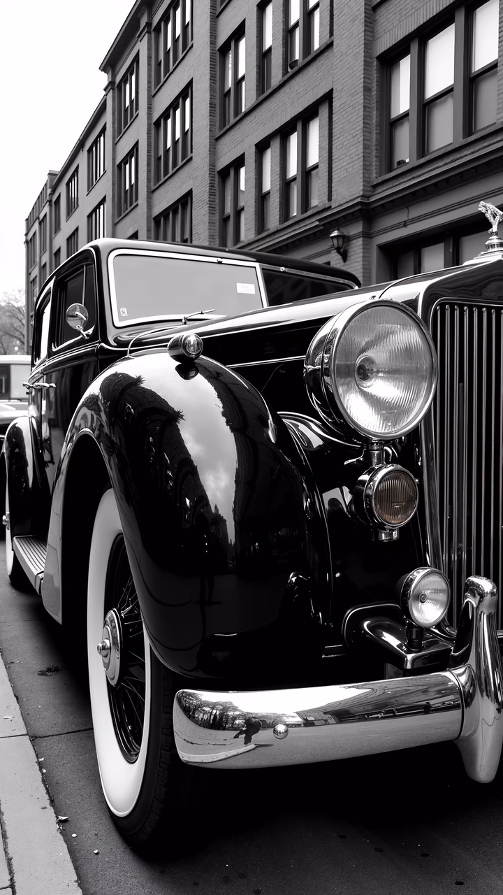 A vintage car's reflective beauty against an urban backdrop.