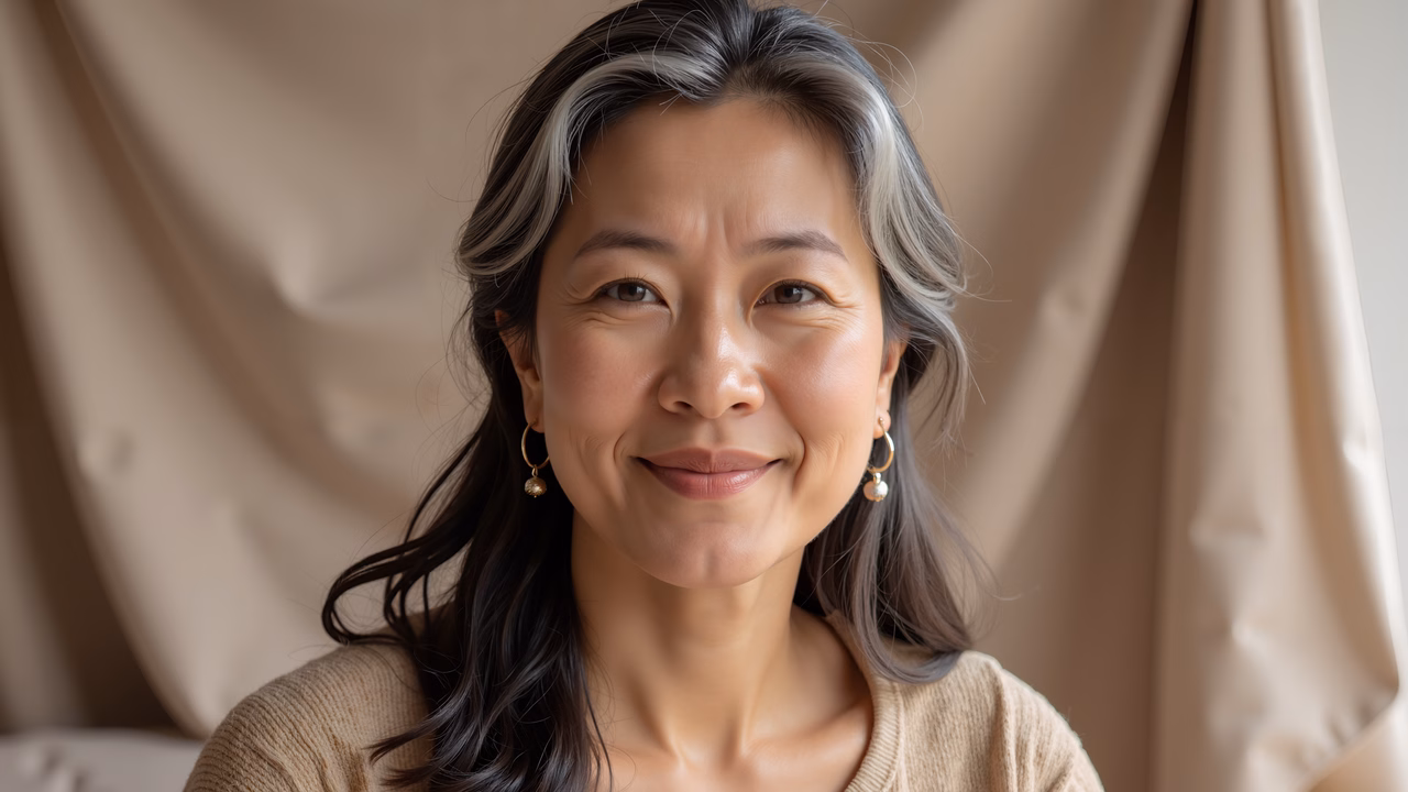 Close-up portrait of a woman with a warm smile and neutral background.