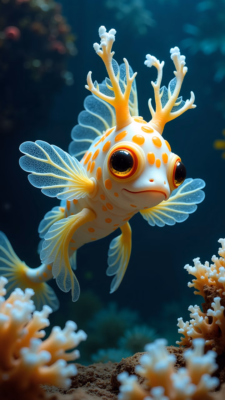 Whimsical coral fish with expressive eyes and delicate fins in an underwater setting.