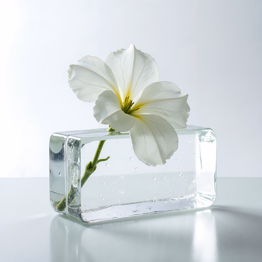 A white flower in a glass block, captured in a minimalist still life photograph.