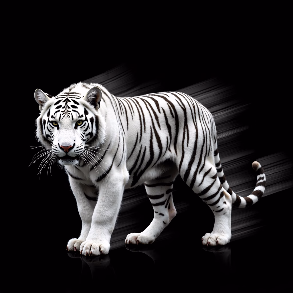 A powerful white tiger illustration with bold black stripes on a black background.