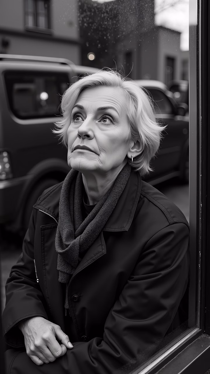 Black-and-white portrait of a woman looking up, urban backdrop, contemplative mood.