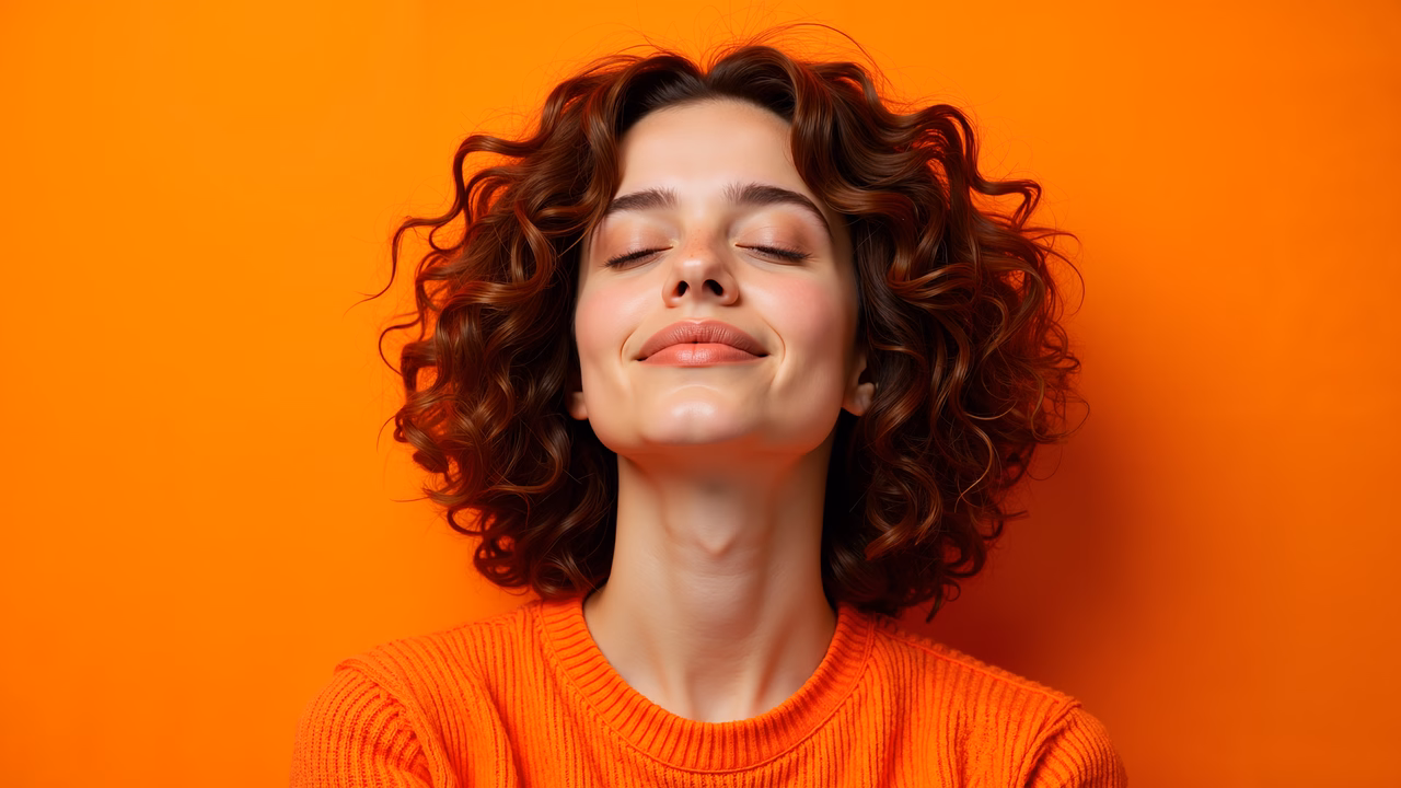 Close-up portrait of a woman smiling with closed eyes, set against a vibrant orange background.