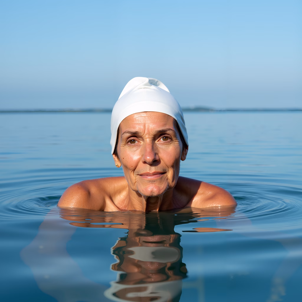 Serene portrait of a woman swimming in clear blue waters under a bright sky.
