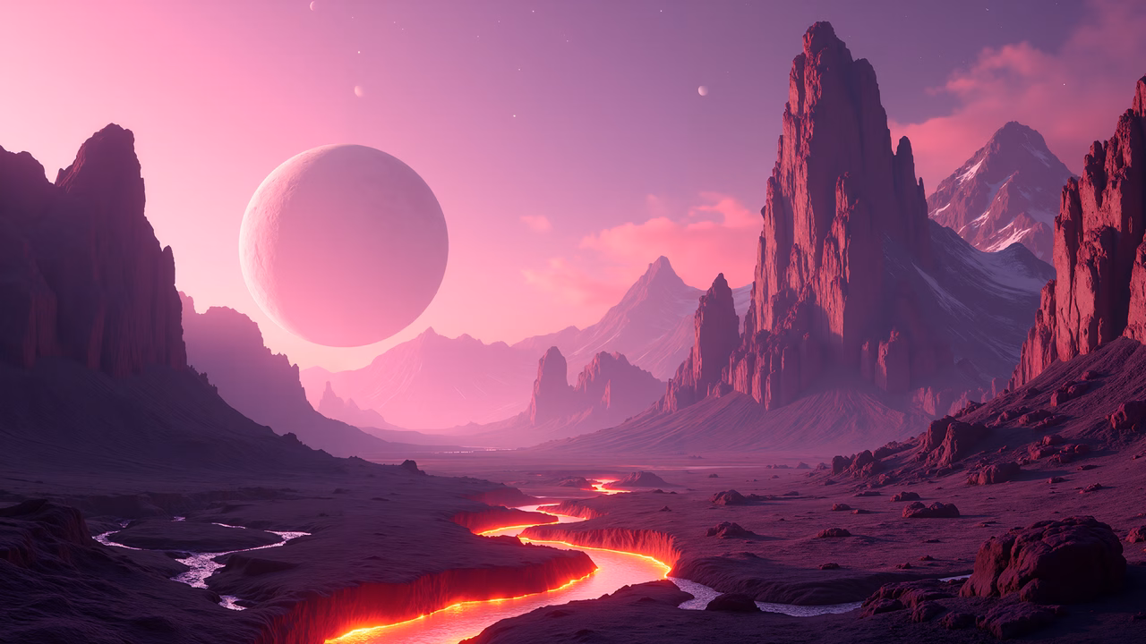 Mysterious alien landscape with a glowing moon and lava river.