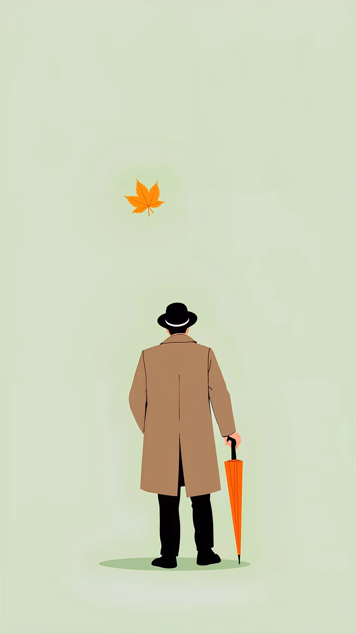 Man in trench coat, solitary autumn scene, pastel tones, minimalism