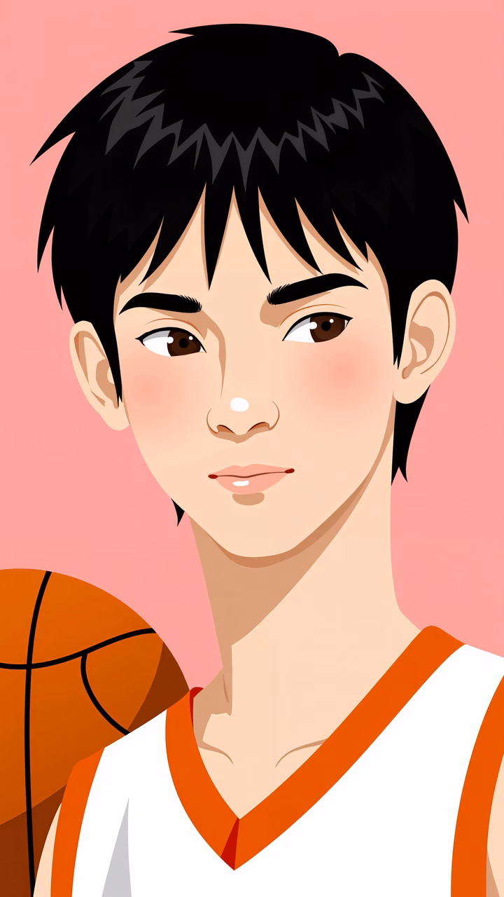 Dynamic basketball player illustration in orange and white jersey on a pink background.