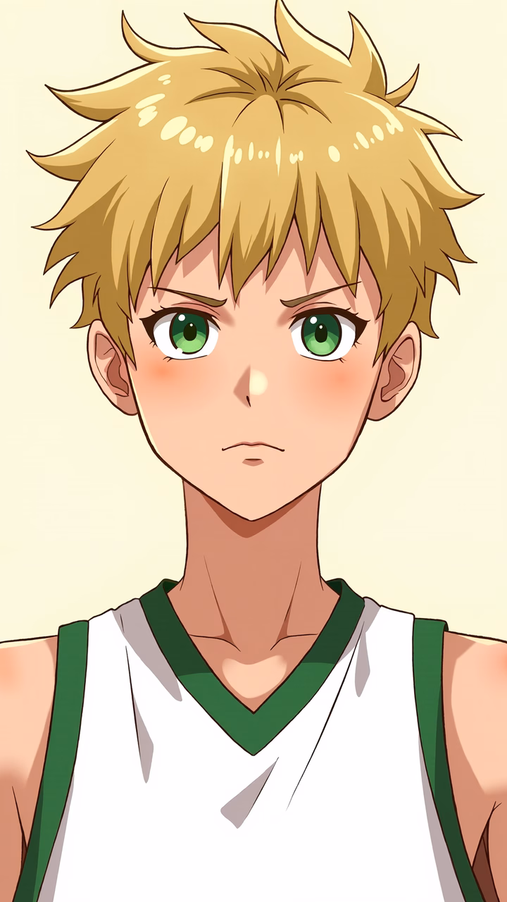 Vibrant basketball player illustration with green eyes and spiky blonde hair in a sports uniform.