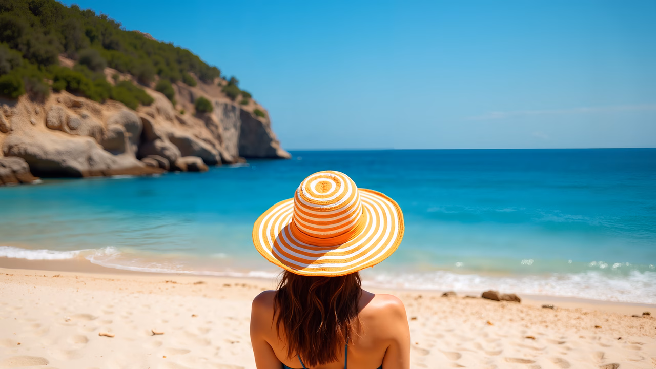 Woman relaxing on a picturesque beach with turquoise waters and clear skies.