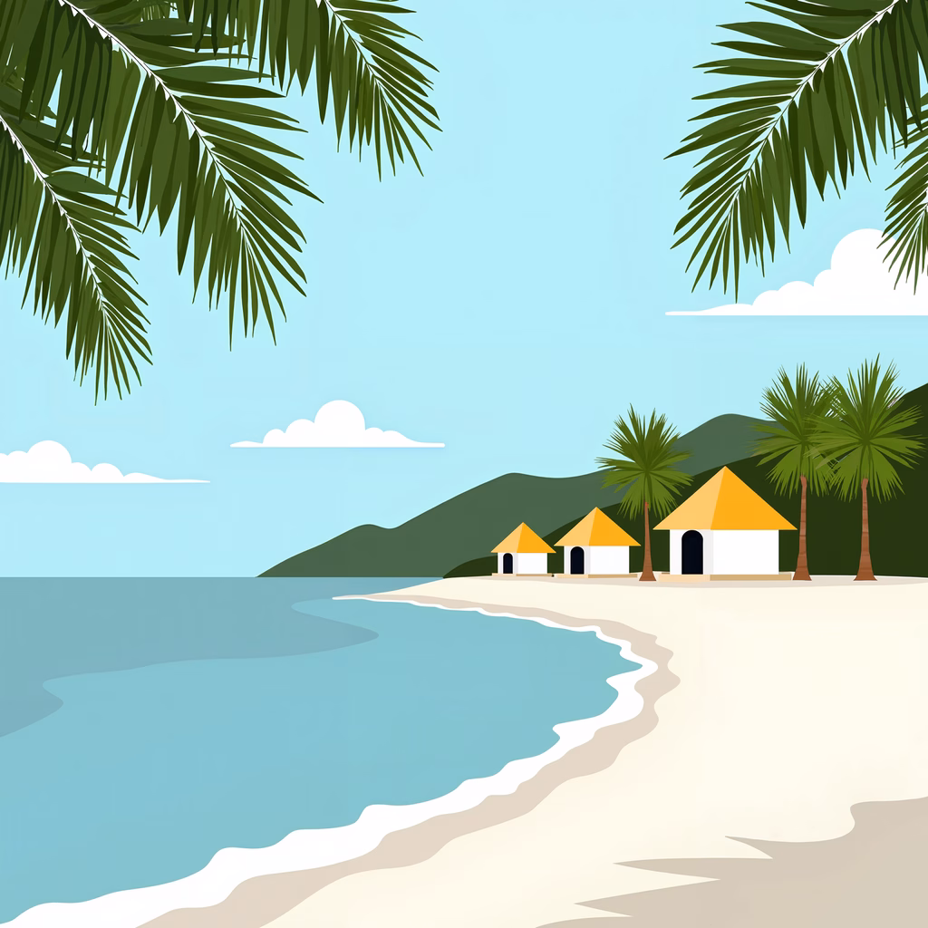A peaceful beach retreat with huts and palm trees.