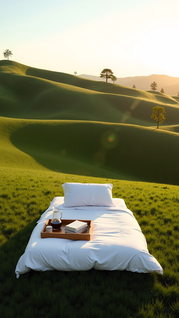 A tranquil bed in a picturesque meadow, inviting relaxation and peace.