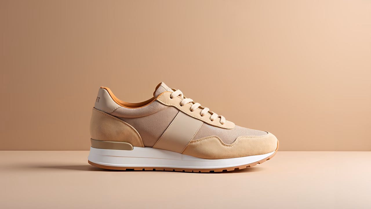 Minimalist beige sneaker with white sole and brown accents.