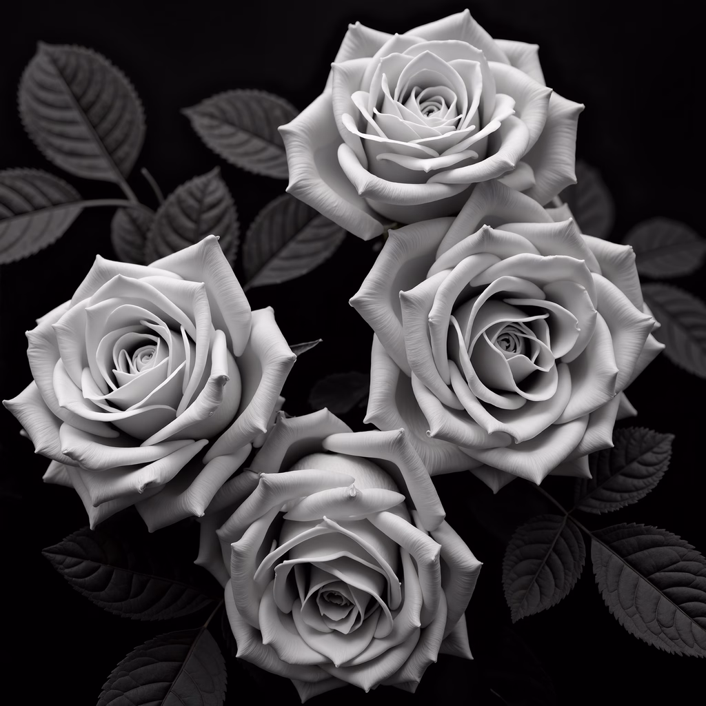 Elegant black and white floral photography featuring four roses.