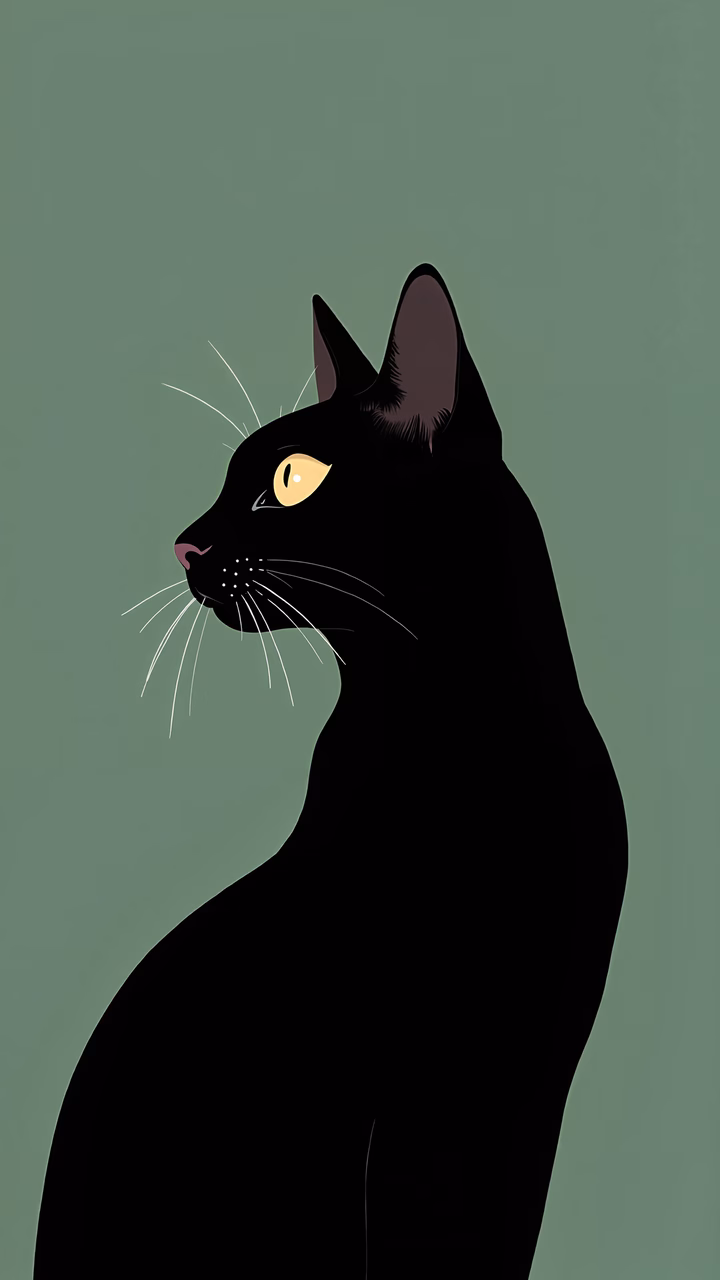 A minimalist illustration of a black cat with yellow eyes on a green background.