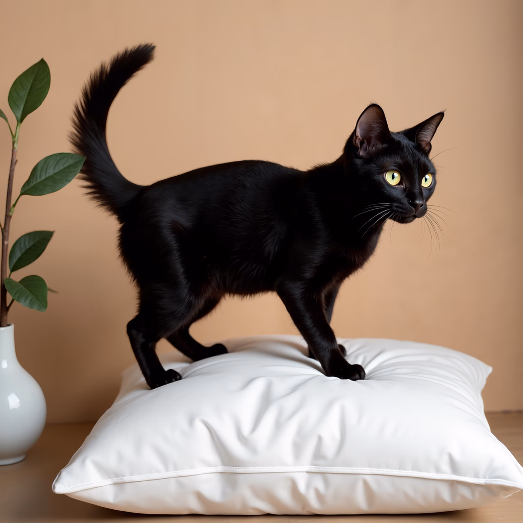 A black cat on a white pillow against a beige backdrop, showcasing elegance and simplicity.