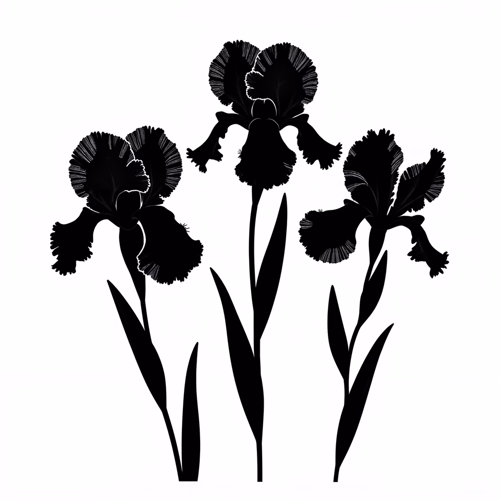 Elegant black iris silhouettes on a white background.
