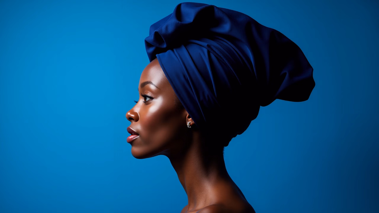 Elegant portrait of a woman in a blue turban against a blue backdrop.