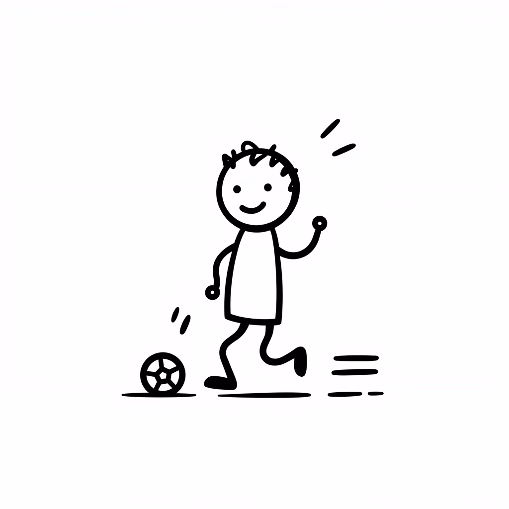 Minimalist illustration of a boy playing soccer, capturing childhood joy.