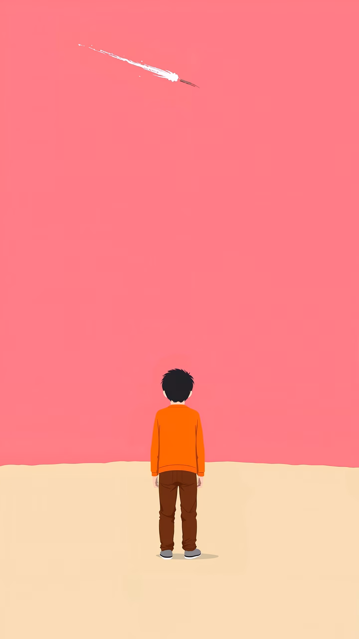 Minimalist illustration of a boy observing a meteor in a serene landscape.