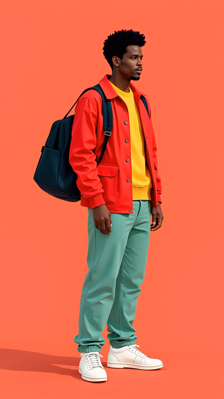 Bold colors and casual fashion in a vibrant portrait.