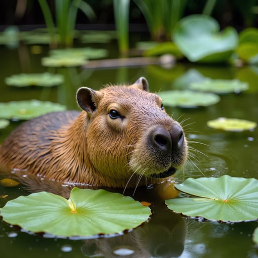 Capybara Amidst Lily Pads