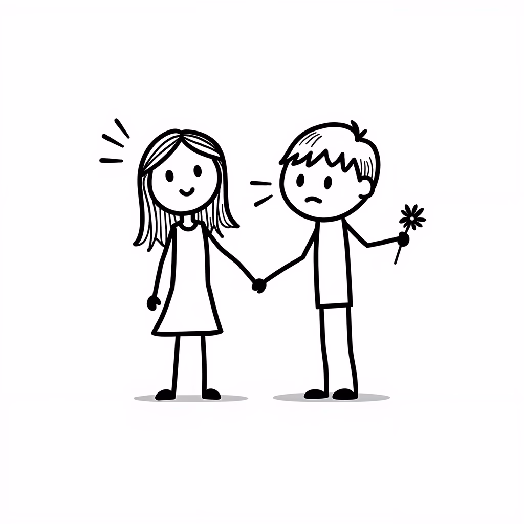 Two stick figures holding hands, representing love and companionship.