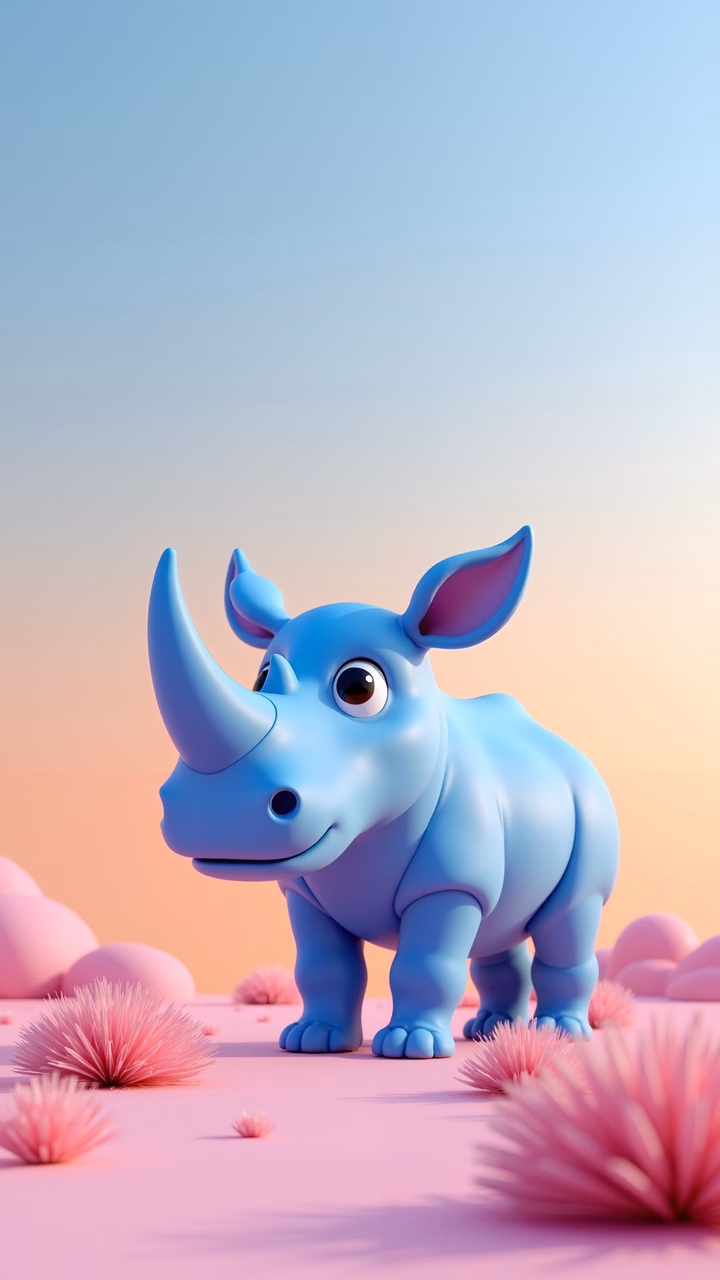 A cute cartoon rhino in a soft pink landscape with fluffy plants, evoking a sense of calm and playfulness.