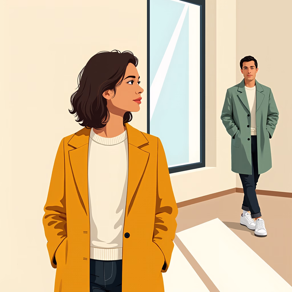 Casual encounter in a minimalist urban setting with pastel colors and clean lines.