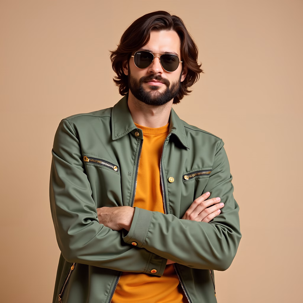Confident casual fashion portrait with green jacket and orange shirt.