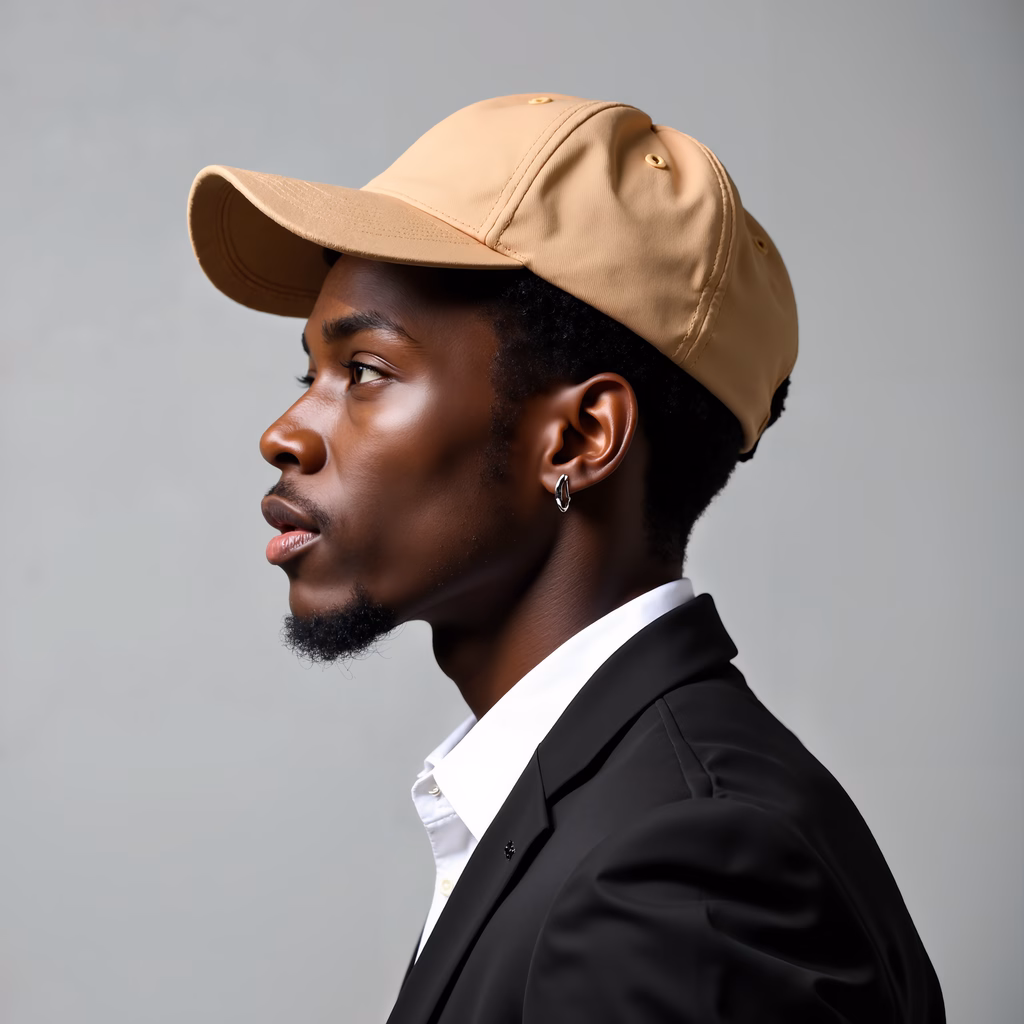 Side profile portrait of a stylishly dressed individual against a neutral backdrop.