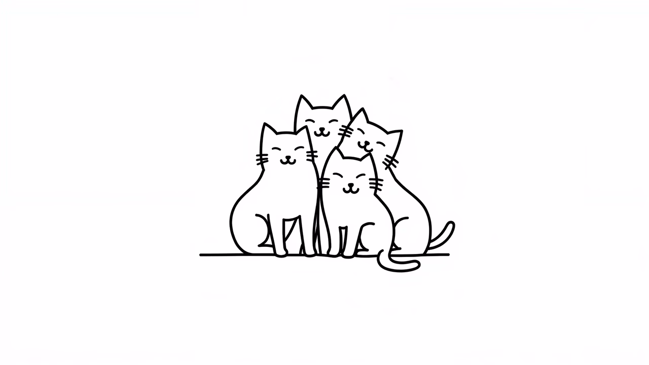 Three cats hugging in a minimalist illustration style, conveying warmth and companionship.