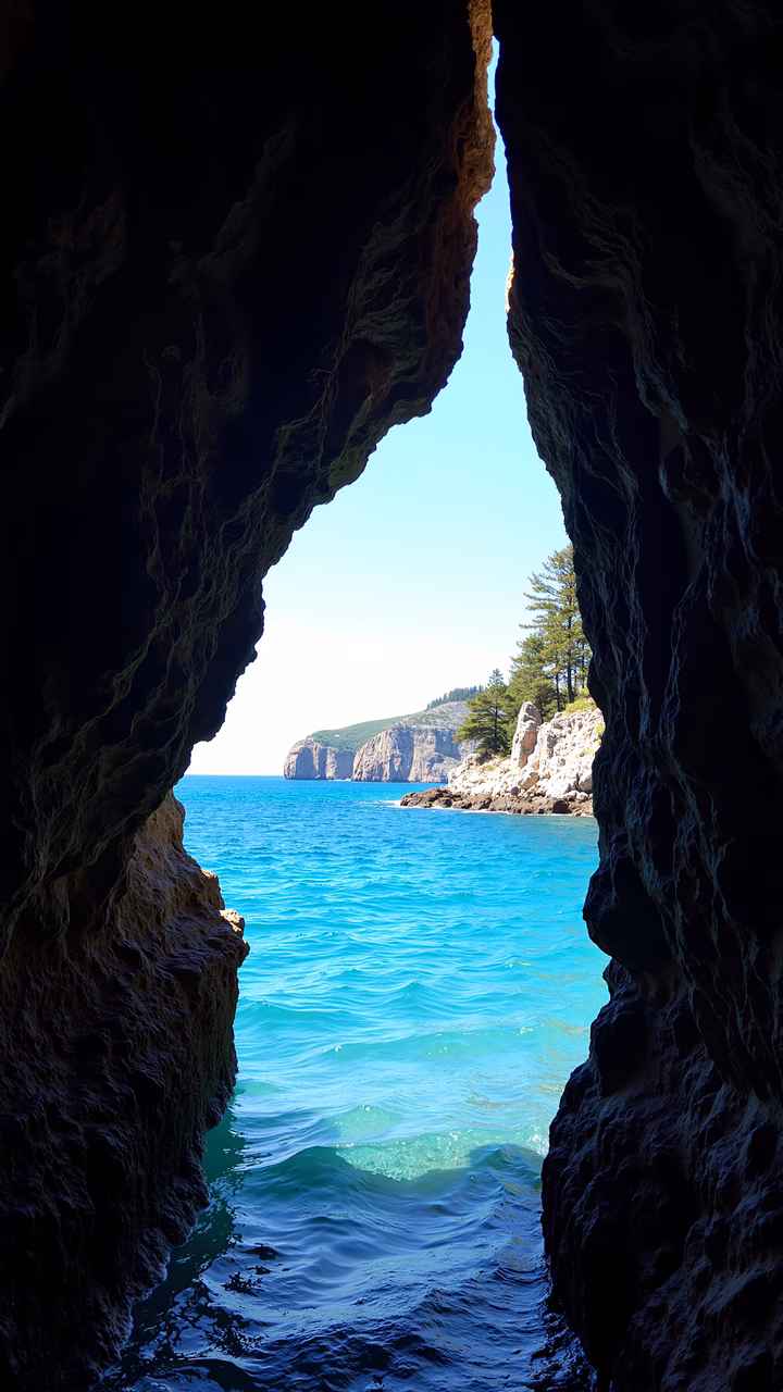 A tranquil cave view overlooking the turquoise sea and distant cliffs.