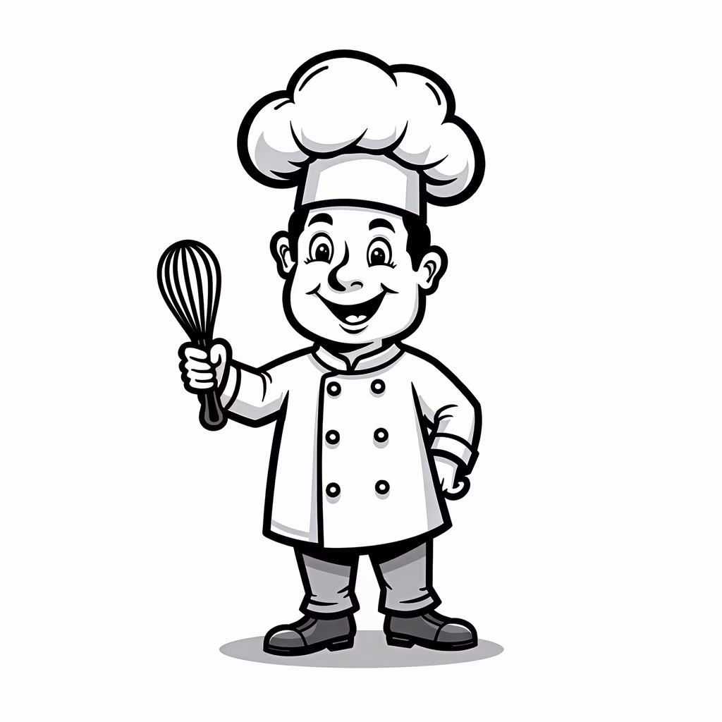 A friendly chef character holding a whisk in a classic black-and-white illustration.