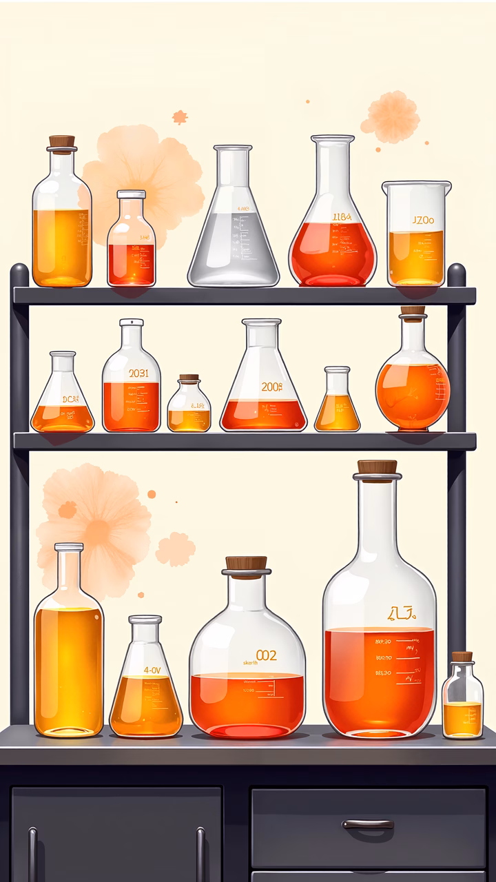 Illustrative depiction of labeled chemical bottles in a laboratory setting.