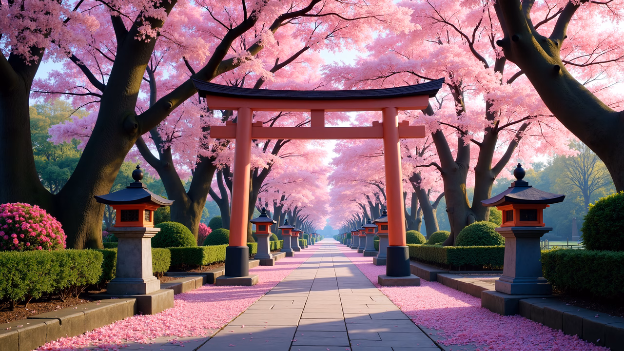 A tranquil cherry blossom pathway with traditional lanterns under soft sunlight.