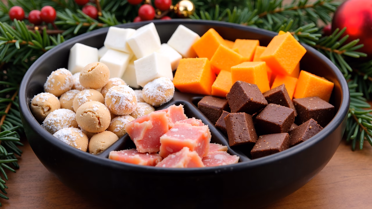 A colorful assortment of holiday snacks arranged in a bowl.