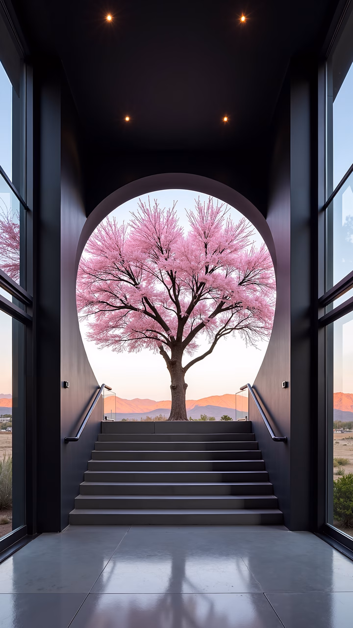 Modern architecture meets nature in a stunning circular archway with a blossoming tree.
