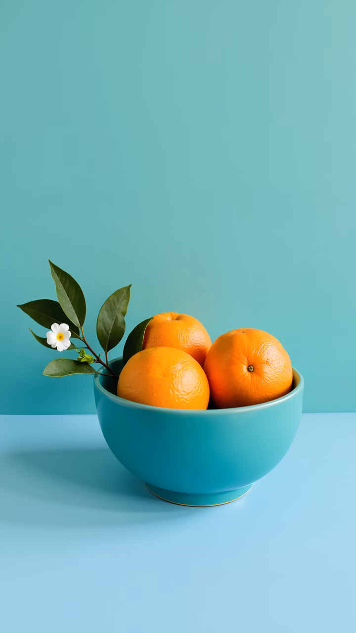 Teal bowl filled with oranges and a white flower on a turquoise background.