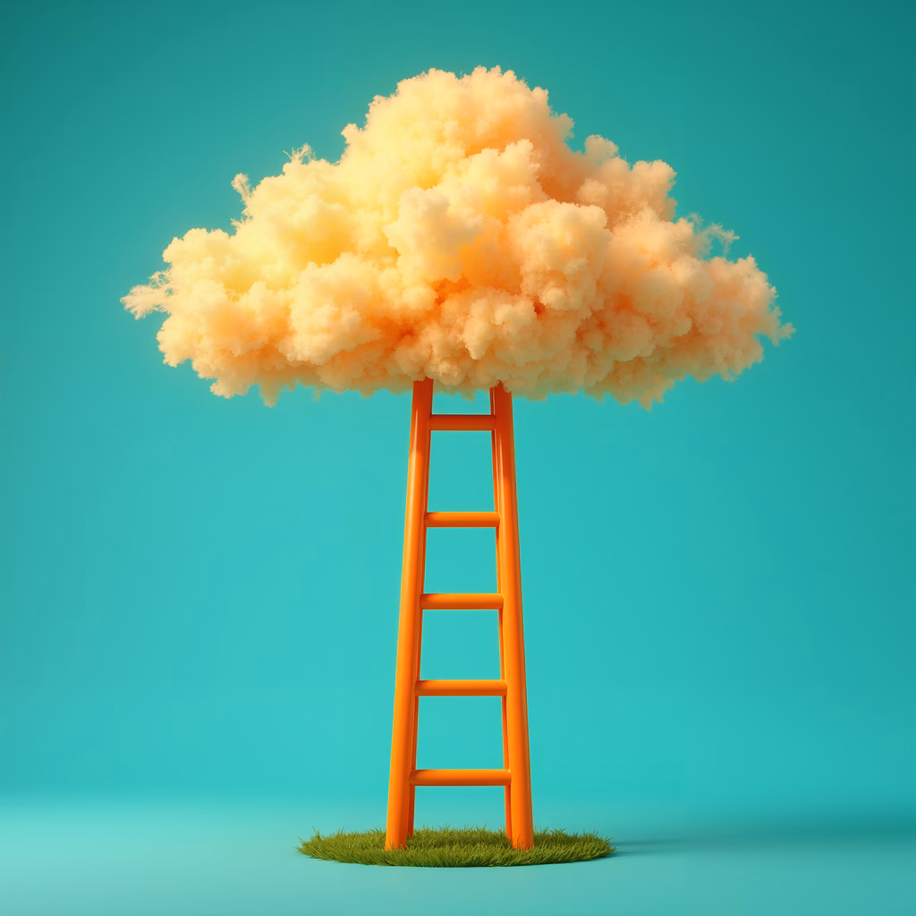 Whimsical cloud tree on a turquoise background, combining surrealism and playfulness.