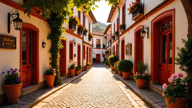 Cobbled Street with Red Doors